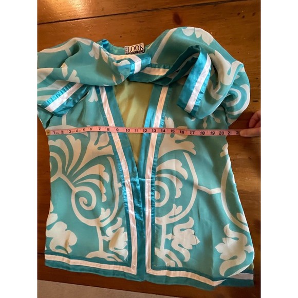 Randolph Duke SILK Open Front Short Kimono Blue Green Reversible Sz 8 Boho Artsy - Picture 12 of 13